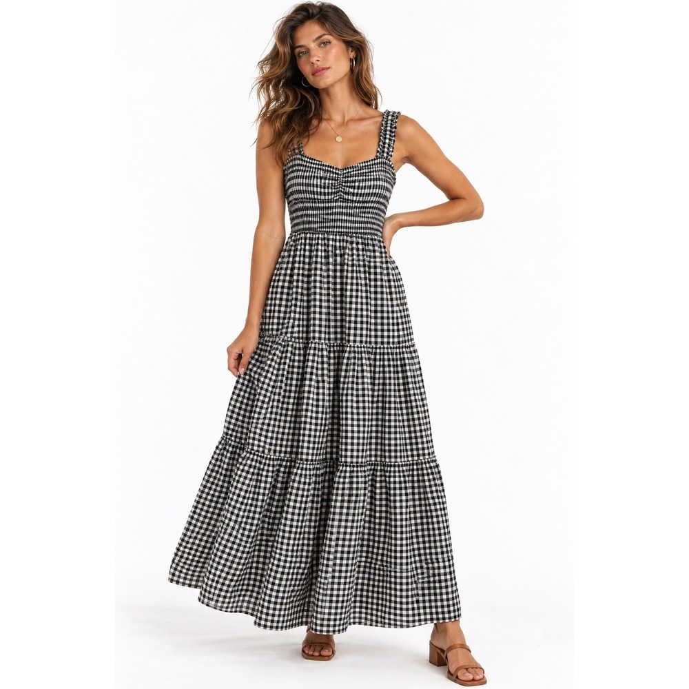 Market Spruce Maris Linen Blend Maxi Dress Gingham Smocked Tiered Black White M